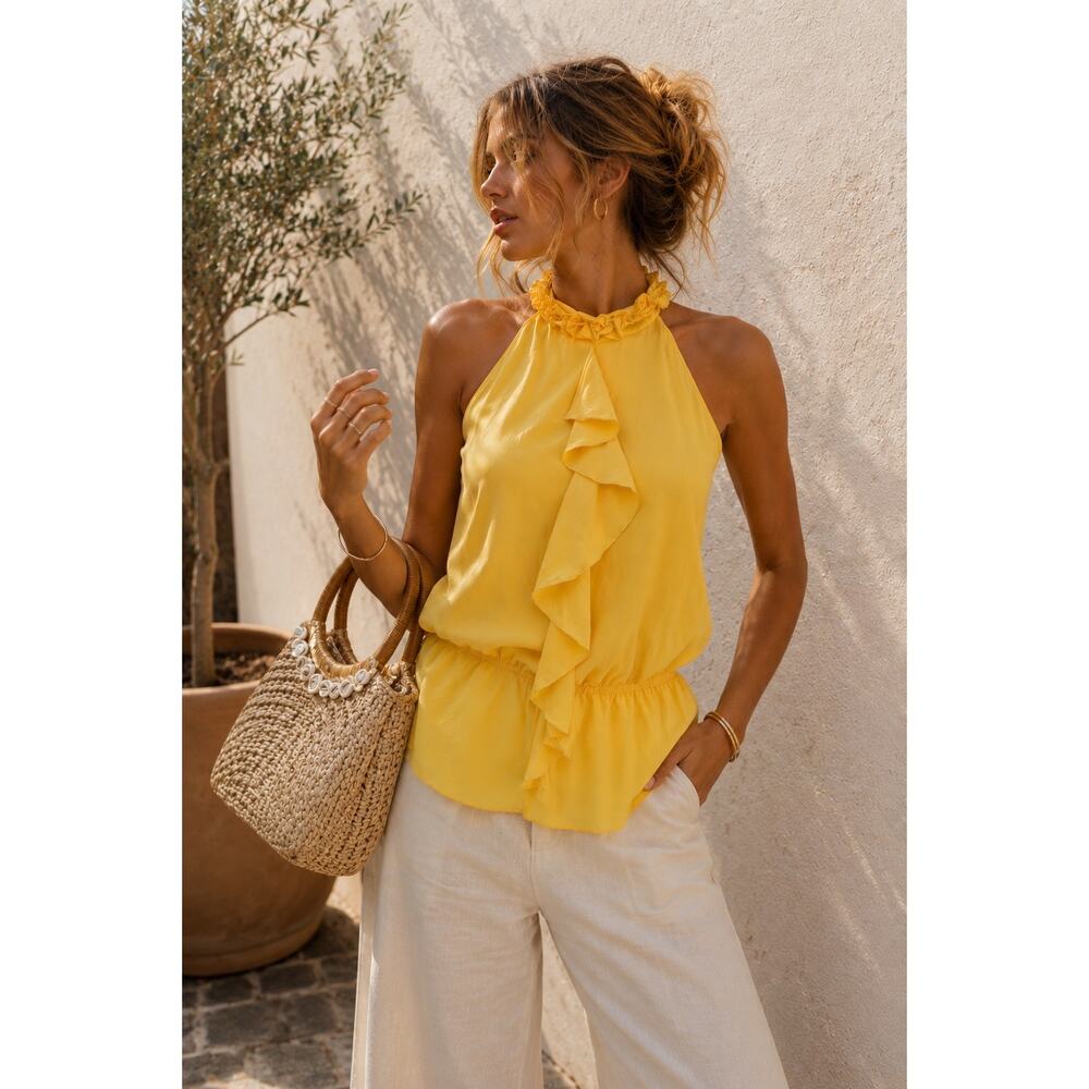 y2k 100% Silk Ruffle Halter Blouse Yellow Euro Summer Coquette Romantic Feminine